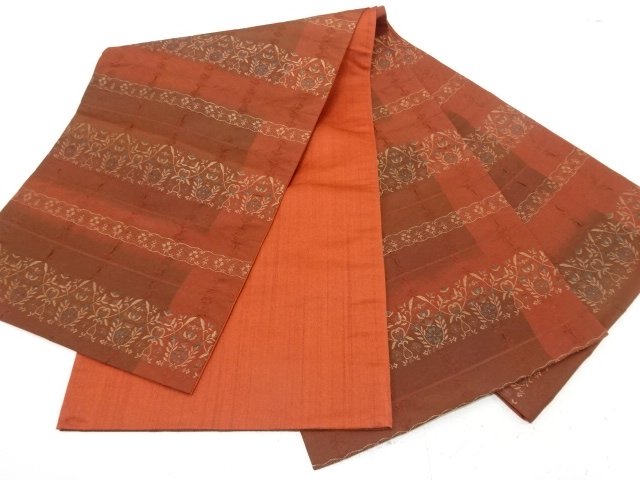  ふくれ織　横段に花更紗模様織り出し　全通袋帯